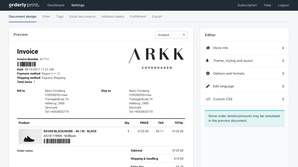 Preview Invoice of Shopify Invoice App