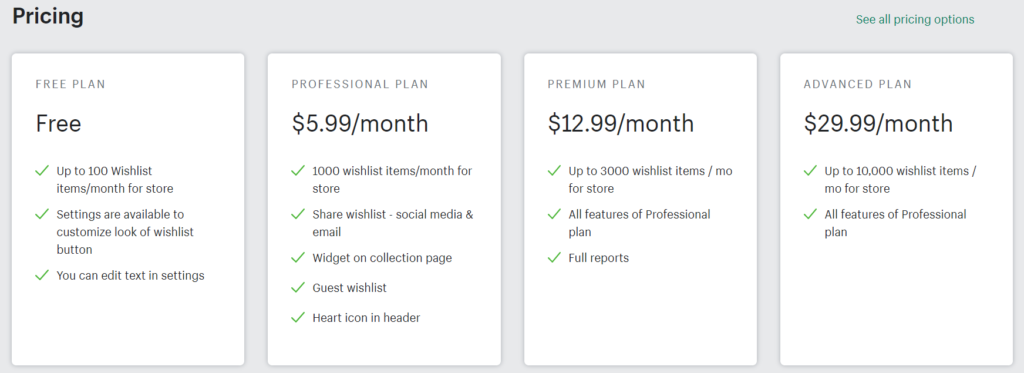 Wishlist ‑ Wishify Pricing Options