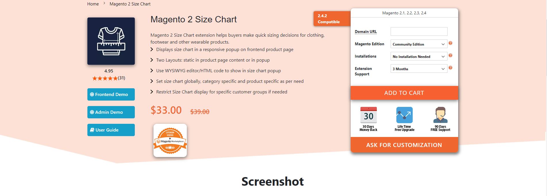 Magento size chart extension