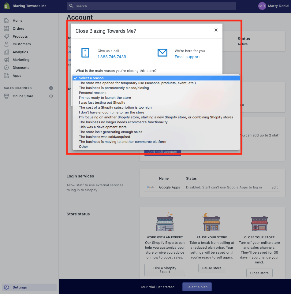 Reason to cancel Shopify account