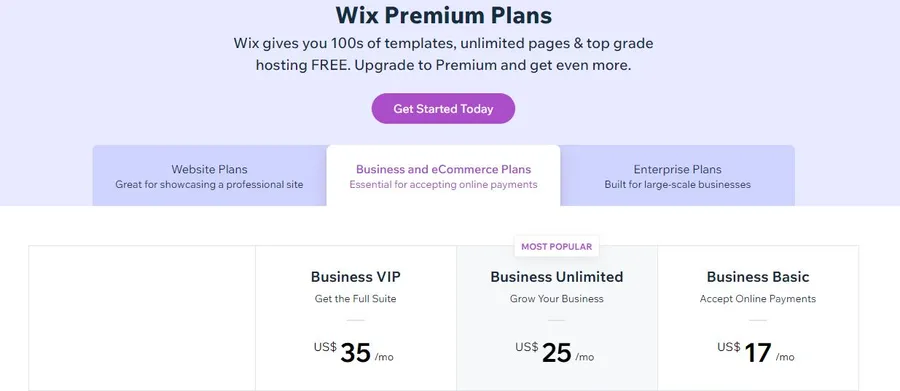 Wix Pricing Plans