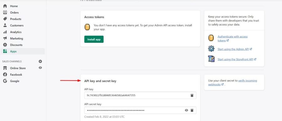 Shopify API Key via Shopify Admin