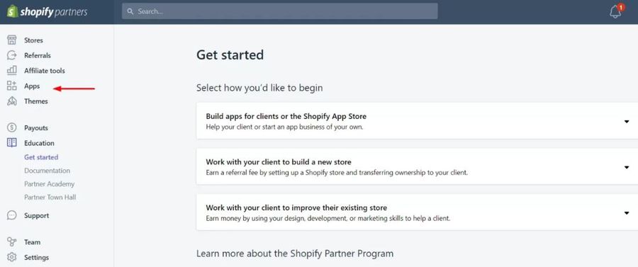 Apps in Shopify Partner Admin