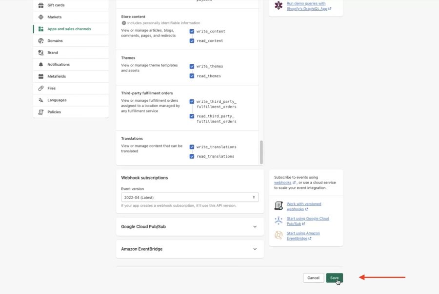 Save Configure Admin API Scopes