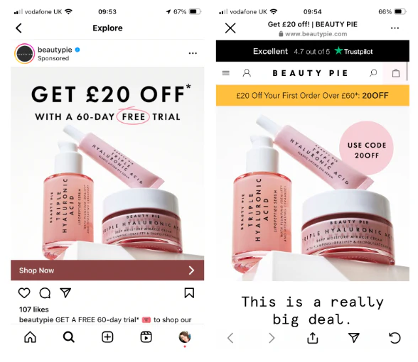 Beauty Pie uses ads to drive traffic to its ecommerce website