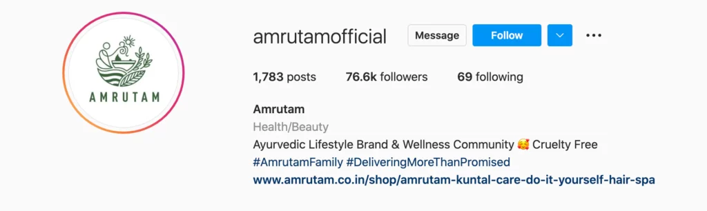 Amrutam uses its Instagram bio to explain what it is and what it offers