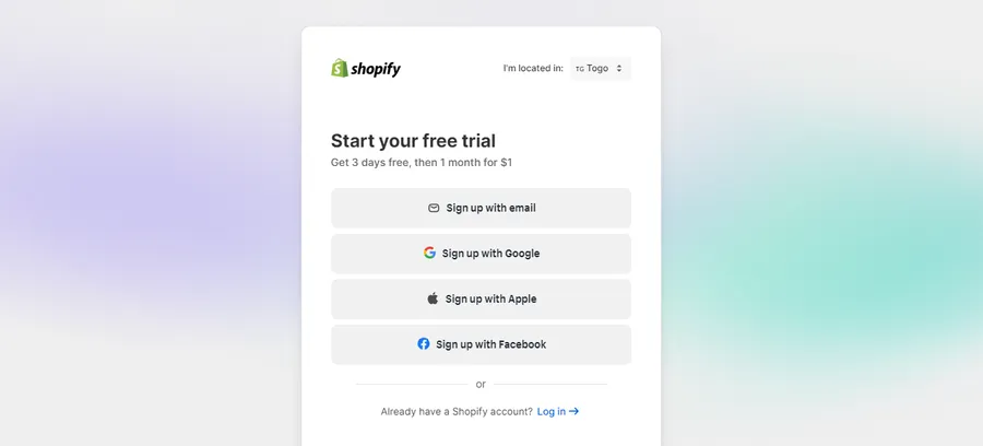 Sign up Shopify